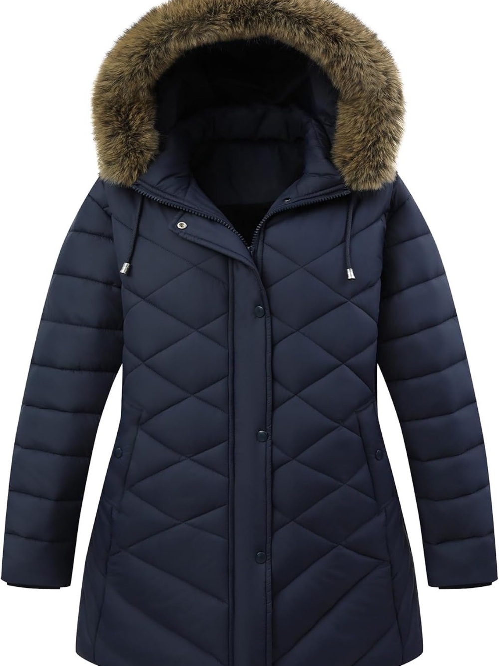 Women’s Quilted Navy Winter Coat with Faux Fur Hood
